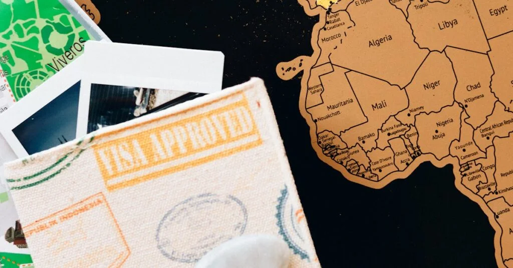 Explore the world with this colorful travel map, compass, and passport stamps.